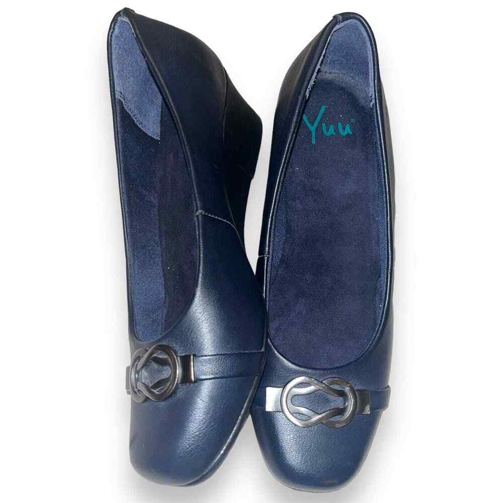 Yuu Womens Monica Classic Pump Blue Embellished Slip On Wedge Heels Size 7.5